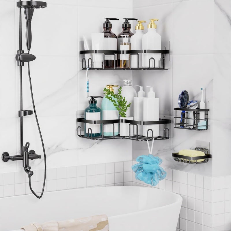 Moforoco 5-Pack Shower Caddy, L-Shaped, 10.2in Diameter, 90-Degree Right Angle, Rustproof, Easy Installation, 12 Hooks, Soap Holder, Adhesive Corner Shower Organizer, Black - Image 5